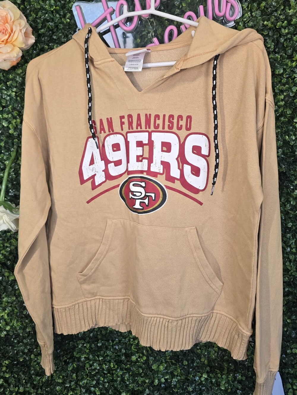 NFL San Francisco 49ers Tan Crewneck Hoodie with Red and White Logo
